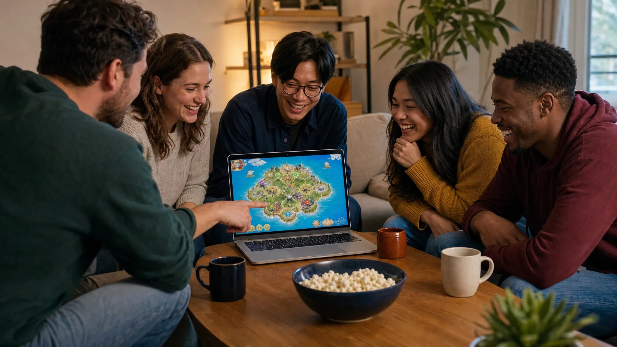 A group of friends gathered around a coffee table in a living room, watching a shared browser game on a laptop while one person points at the screen and others laugh together.