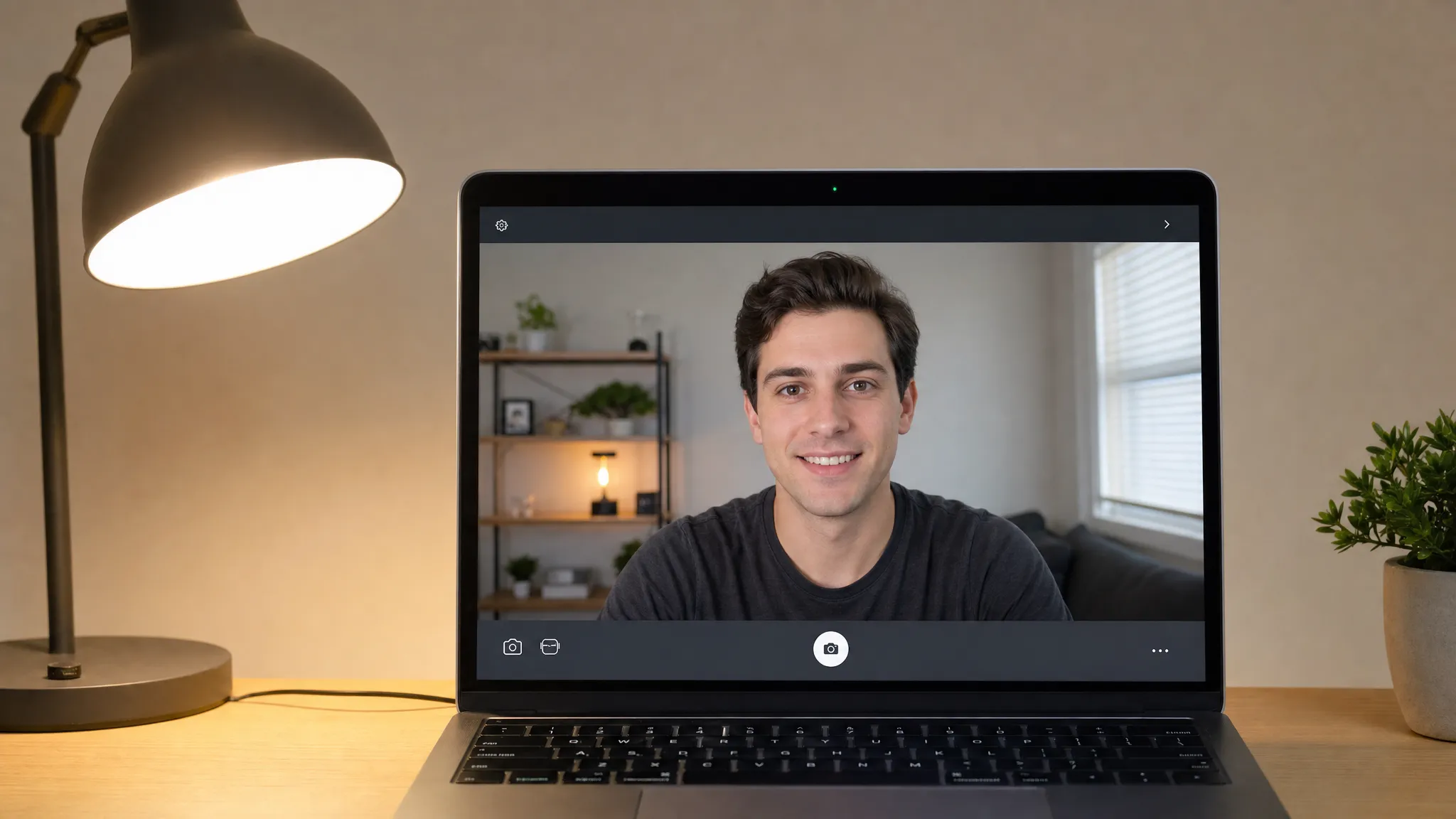 A close-up of a laptop webcam with a desk lamp beside it, set up for clear face lighting before a browser camera game.